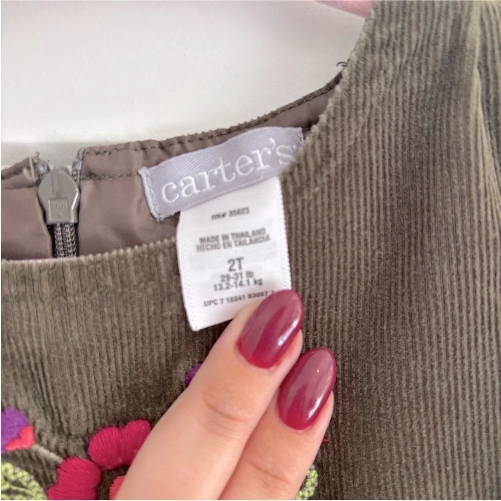 Carter's Corduroy Green Dress with Pink Floral Embroidery